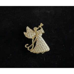 Monet Gold Tone Rhinestone Christmas Angel with Horn Brooch‎ Pin